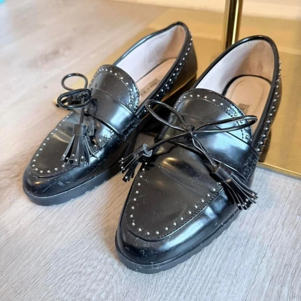 ZARA‎ BASIC Black Studded Bow Tasseled Loafer Flats Cushioned Women's EU 36